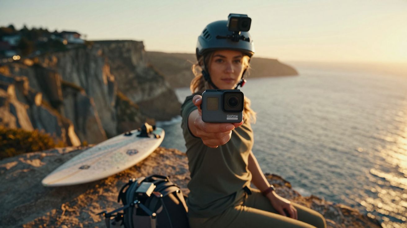 Mulher com capacete segurando câmera GoPro à beira de penhasco com prancha de surf ao fundo.