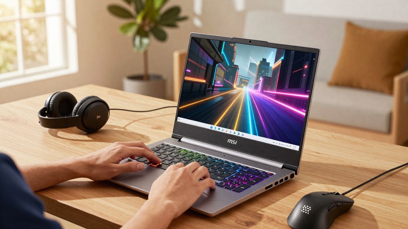 Pessoa usando notebook MSI com iluminação RGB no teclado em mesa de madeira, ao lado de fones e mouse.