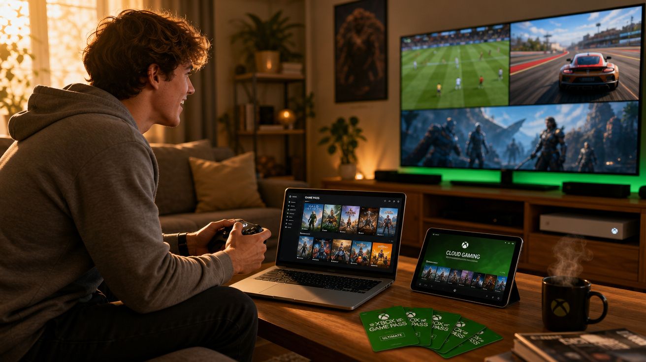 Jovem joga videogame com controle no sofá, com laptop, tablet e TV exibindo jogos e cards do Xbox Game Pass.