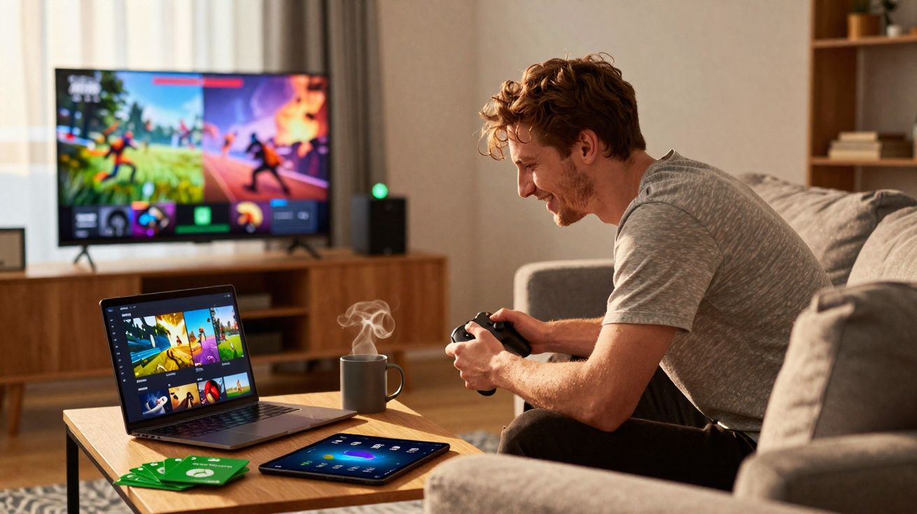 Homem sentado no sofá jogando videogame com controle, tela de TV e laptop ao fundo e mesa com café e tablet.