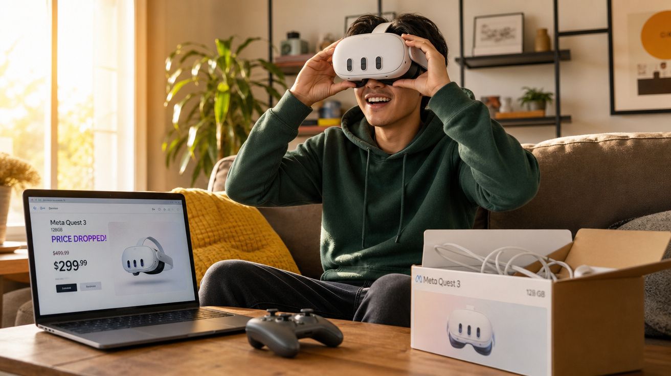 Jovem sorrindo usando óculos de realidade virtual Meta Quest 3 em sala com laptop e caixa do produto.