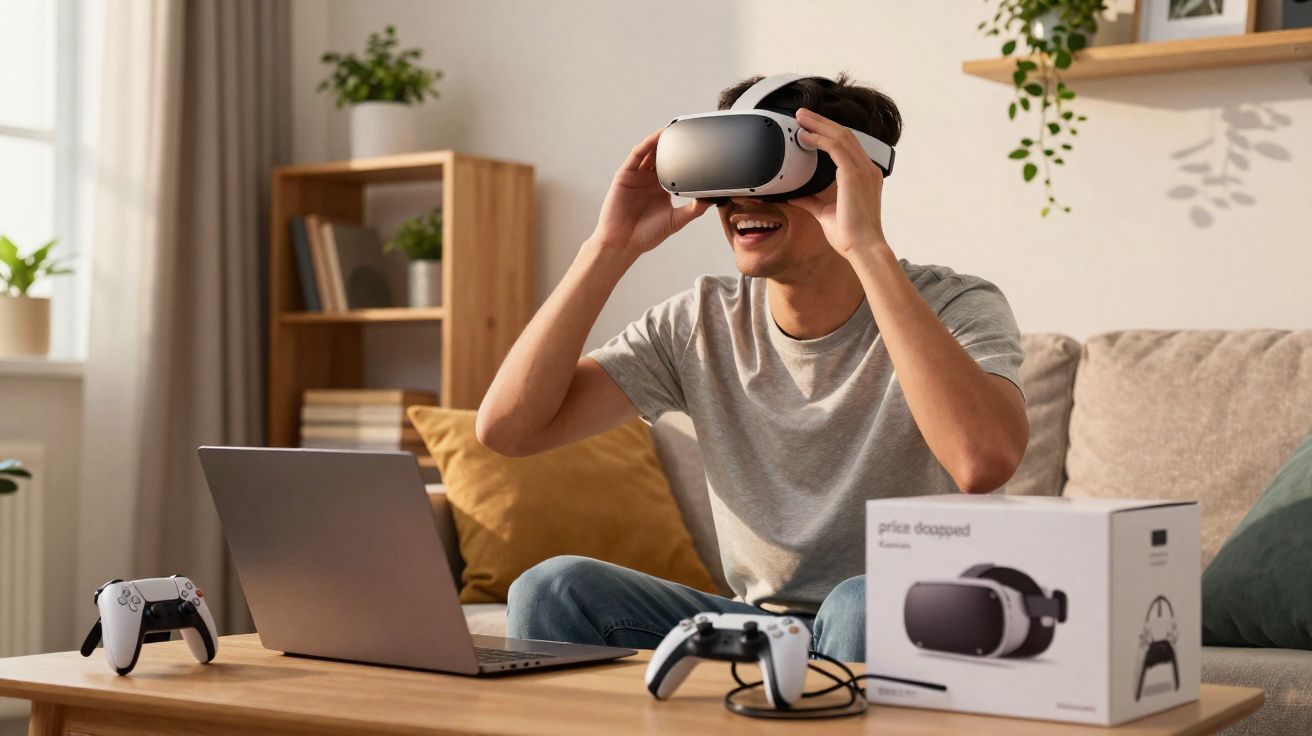 Jovem sentado no sofá usando óculos de realidade virtual com controles e notebook à sua frente.