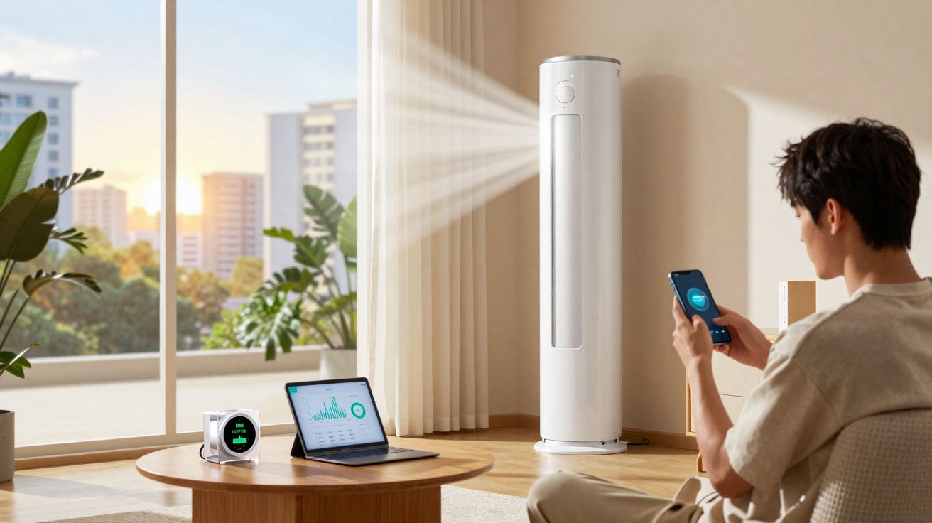 Homem controla ar-condicionado torre pelo celular em sala com laptop e monitor de ambiente na mesa.