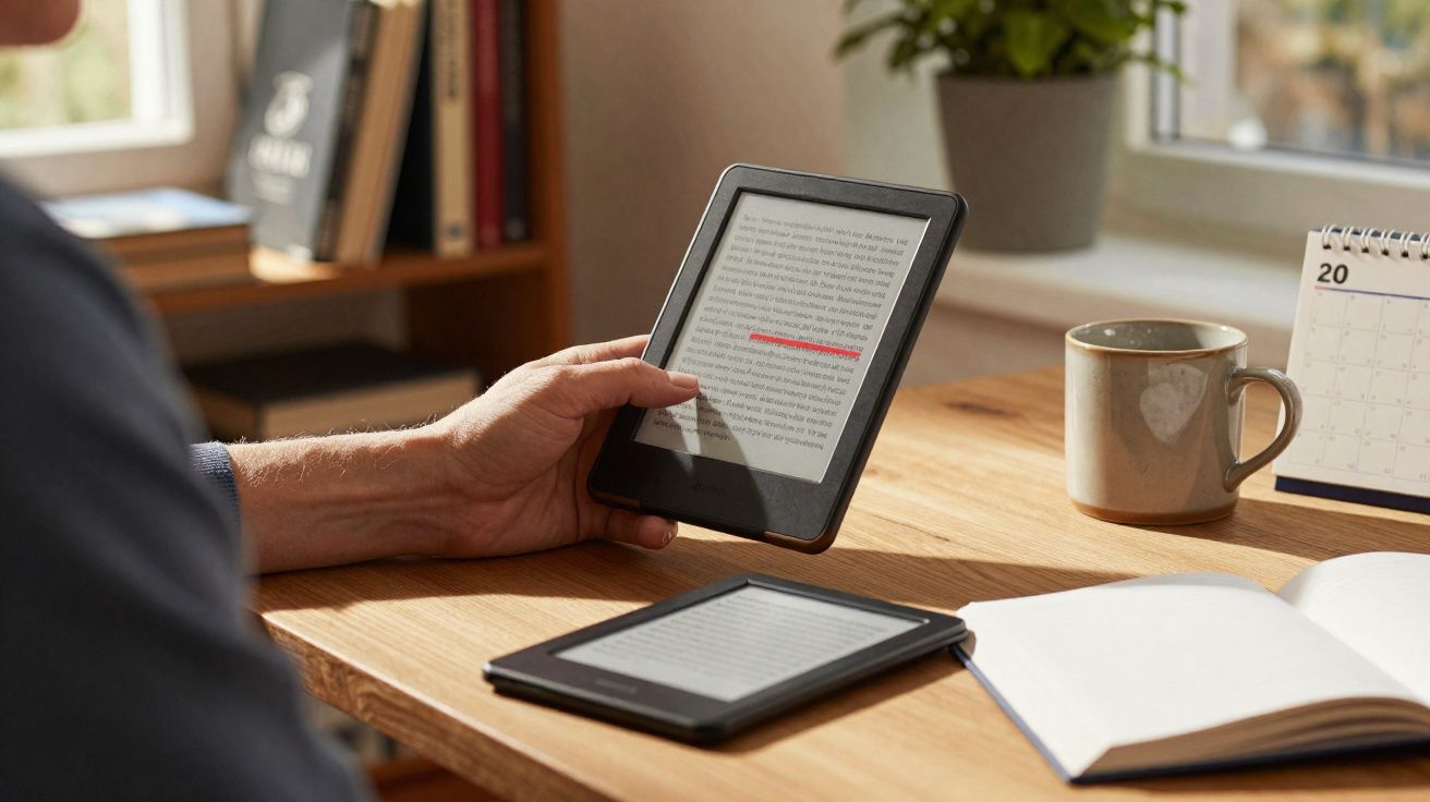 Pessoa segurando e-reader com texto destacado em uma mesa com outro e-reader, caderno, caneca e calendário.