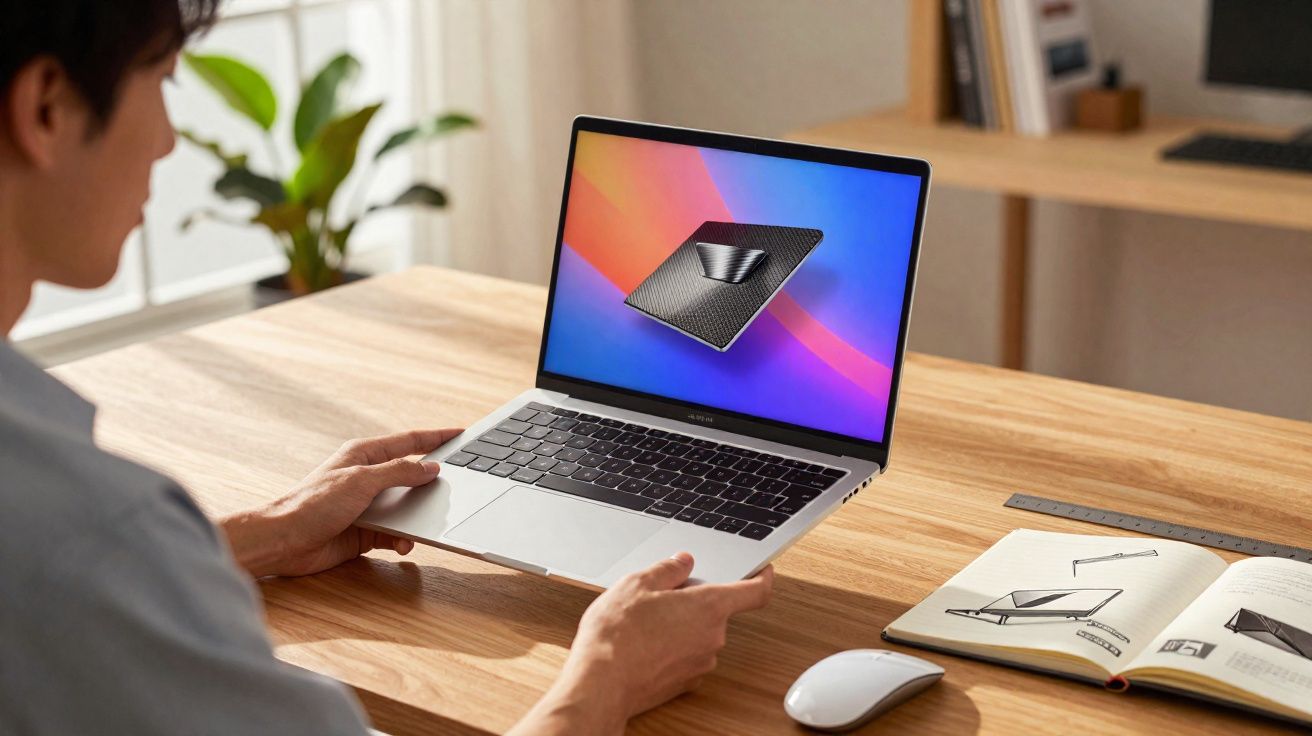 Pessoa olhando para laptop aberto com imagem 3D na tela, ao lado de mouse e caderno com desenhos técnicos.