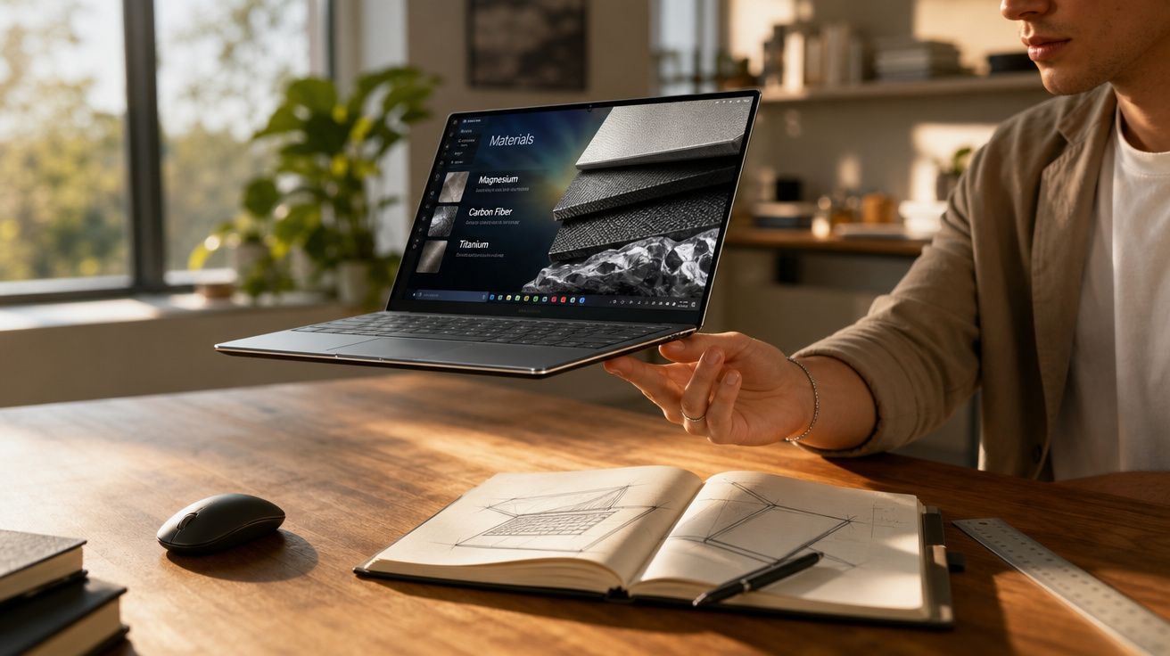 Pessoa segurando laptop aberto mostrando materiais ao lado de caderno com desenhos técnicos em mesa de madeira.