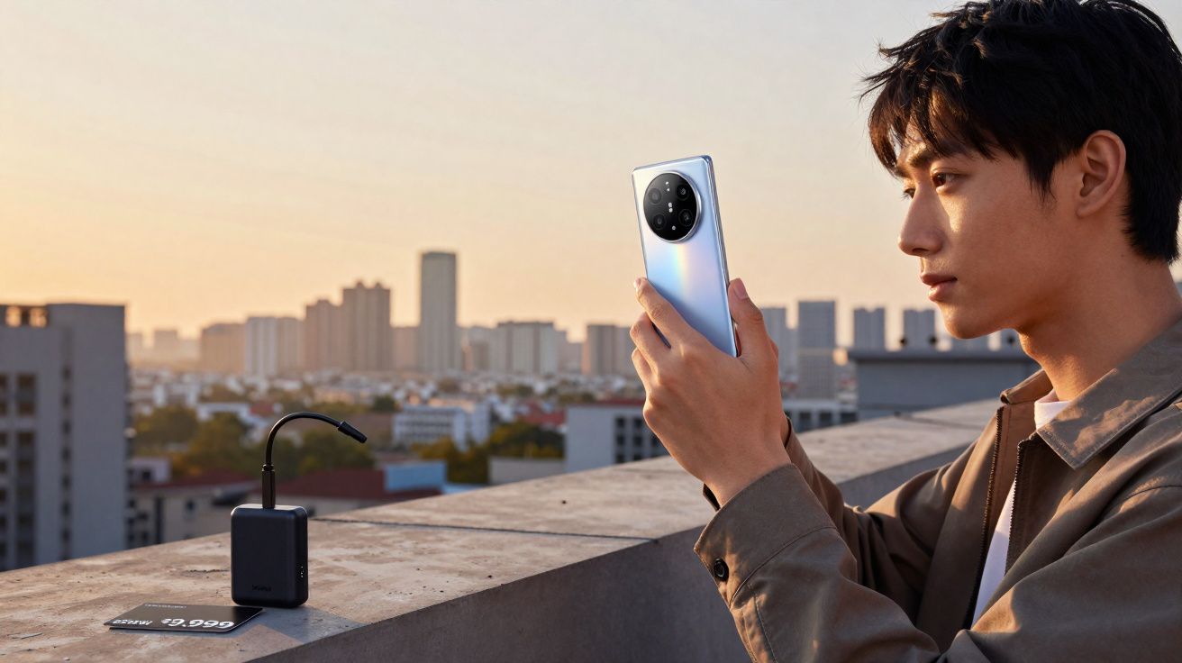 Homem usando smartphone no terraço com vista da cidade ao pôr do sol, com carregador portátil ao lado.