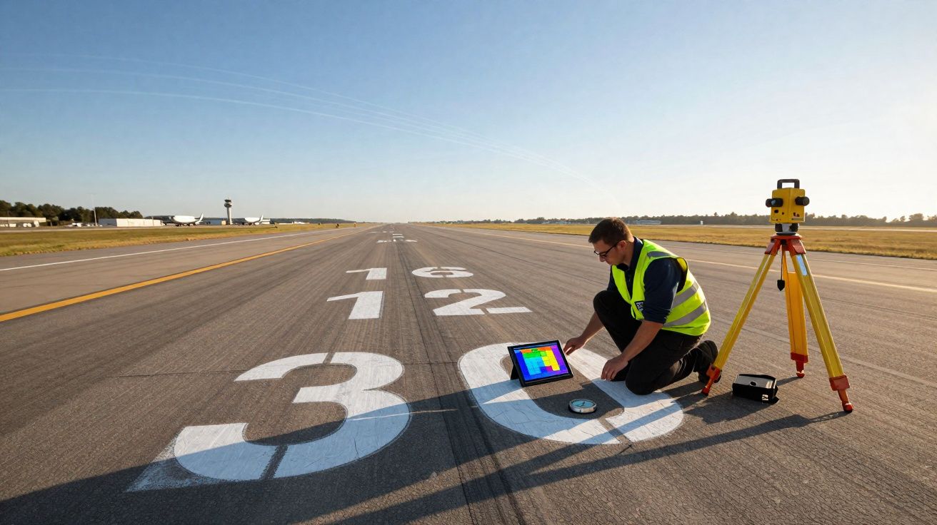 Homem com colete refletivo verifica dados em tablet na pista de pouso de aeroporto durante o dia.