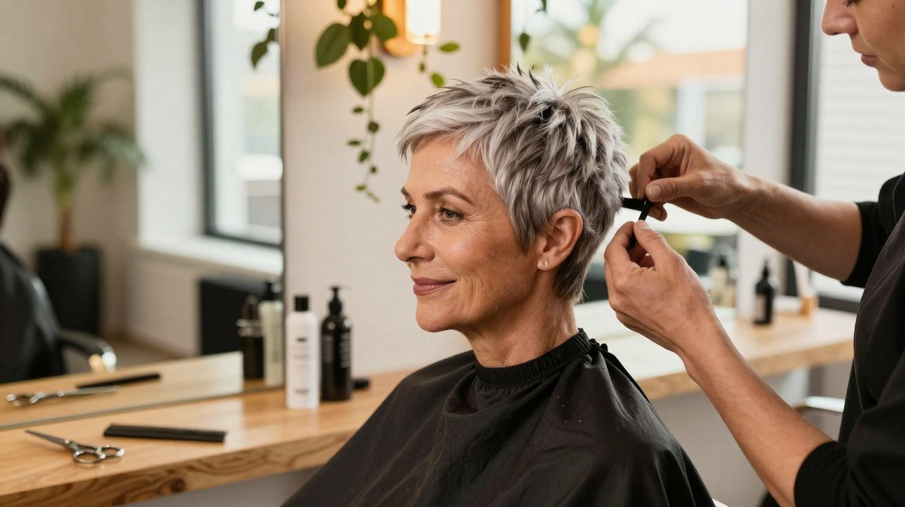 Mulher madura com cabelo curto grisalho recebendo corte de cabelo em salão moderno.