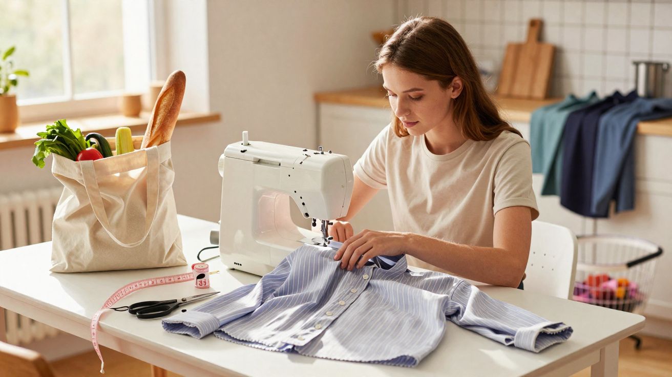 Mulher costurando camisa listrada azul em máquina de costura na mesa de cozinha iluminada.
