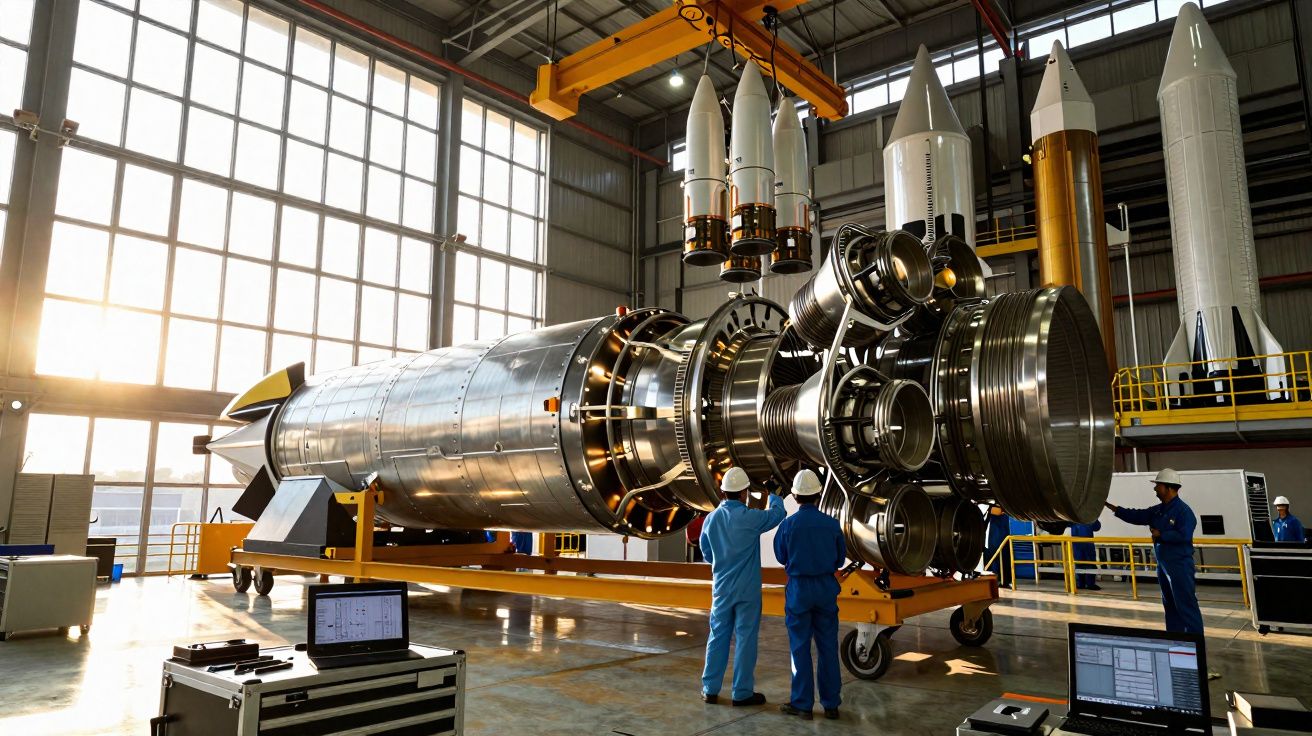 Técnicos em macacões azuis inspecionam motor de foguete em hangar com luz natural e outros foguetes.