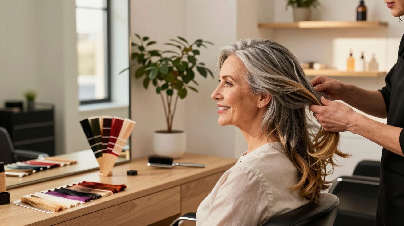 Mulher madura sorridente tendo o cabelo arrumado por cabeleireira em salão moderno.