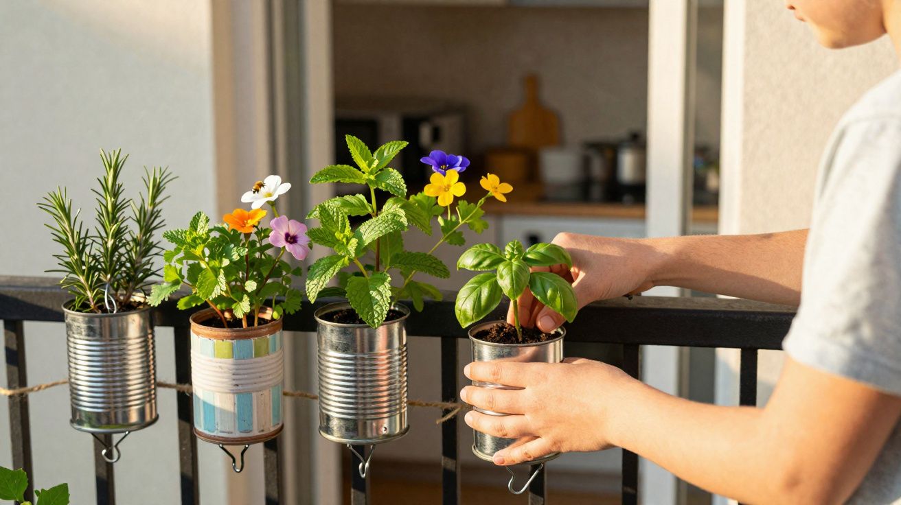 Pessoa cuidando de plantas em latas penduradas em uma varanda ensolarada.