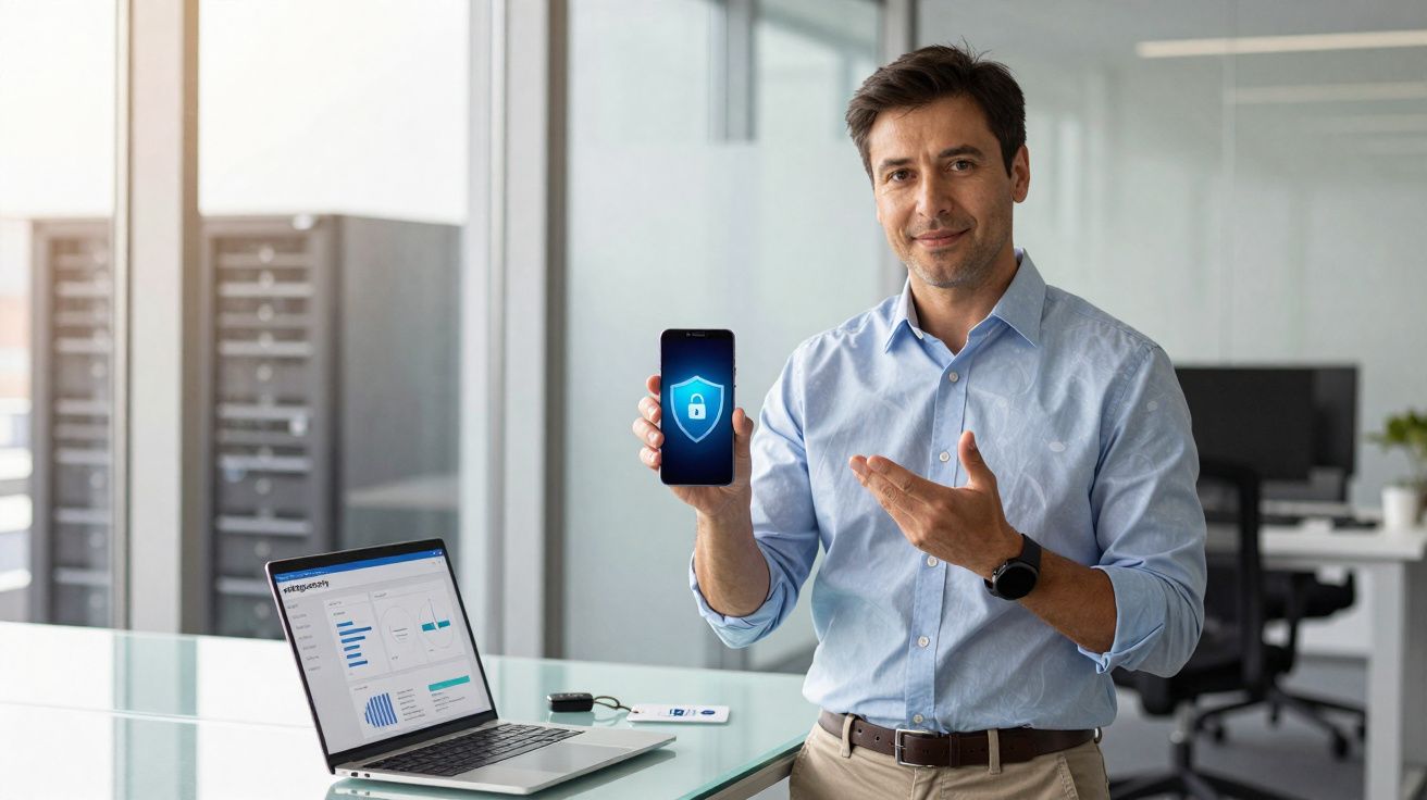 Homem em escritório mostra celular com ícone de segurança digital na tela, ao lado de notebook aberto com gráficos.