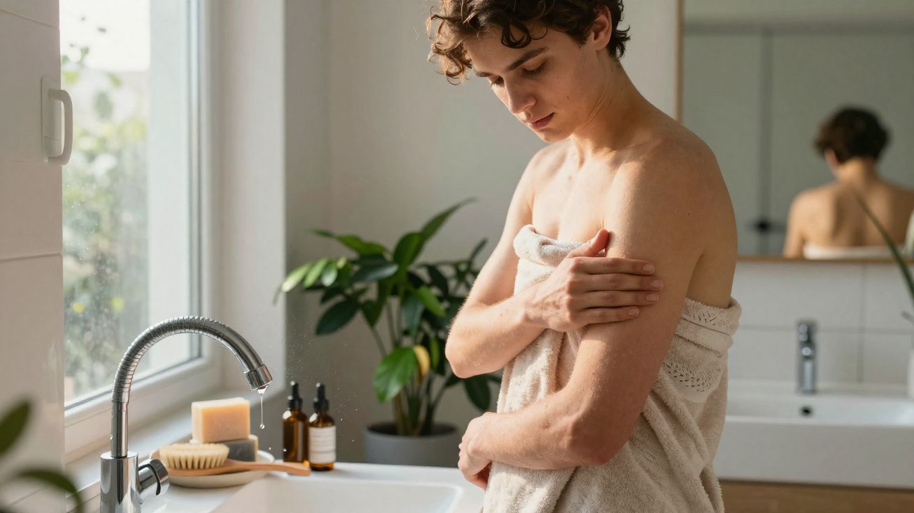 Jovem com toalha no banheiro aplicando creme no braço próximo à pia e janela.