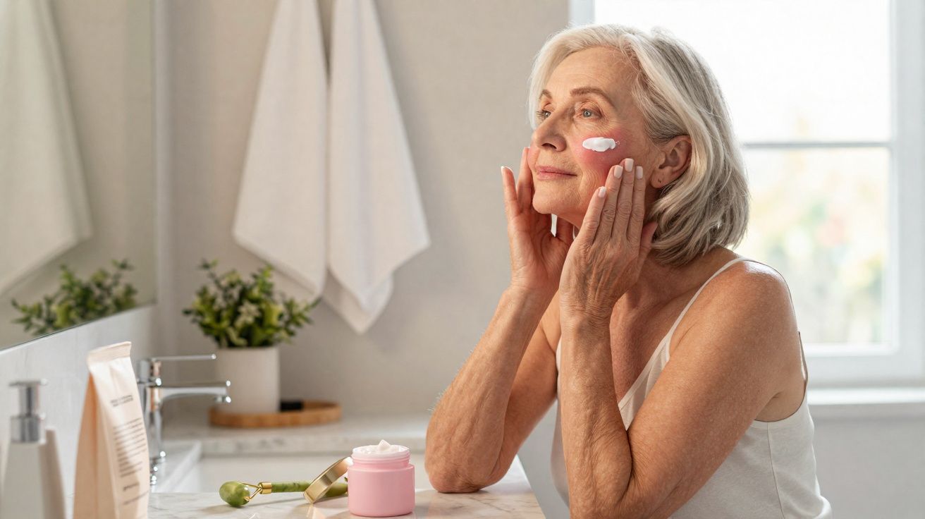 Mulher idosa aplicando creme facial em banheiro iluminado, ao lado de produtos de beleza.