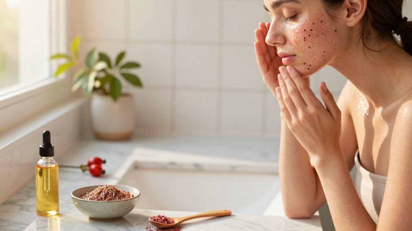 Mulher aplicando esfoliante facial caseiro com ingredientes naturais na pele do rosto.