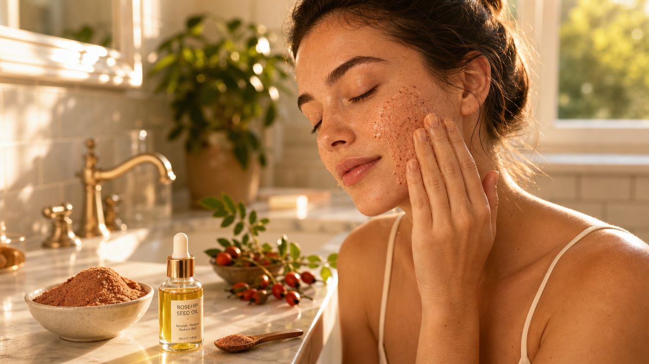 Mulher aplicando esfoliante facial em ambiente iluminado com óleo de rosa mosqueta e ingredientes naturais ao fundo.