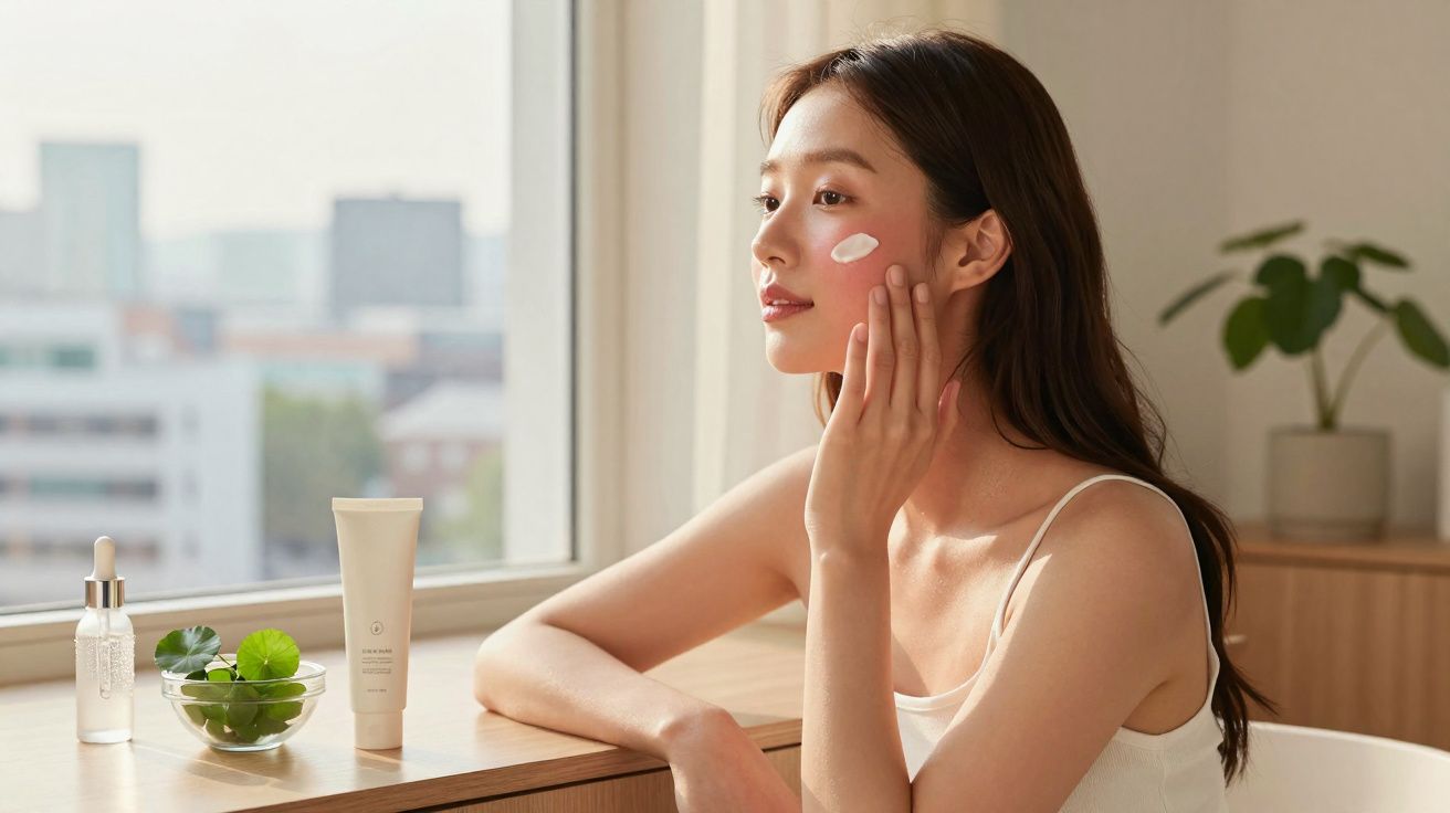 Mulher aplicando creme facial sentada ao lado de uma janela com produtos de cuidados com a pele na mesa.