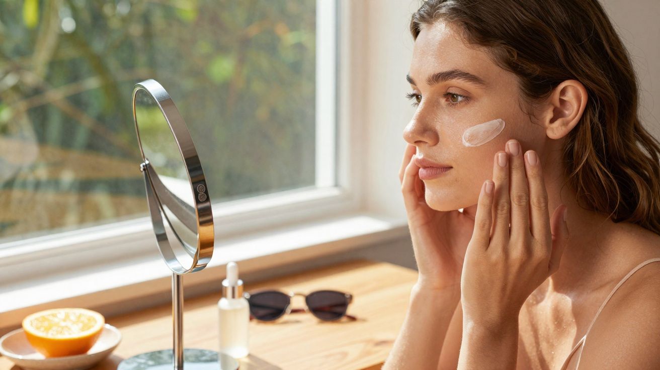 Mulher aplicando creme facial perto de espelho em mesa com óculos e frutas ao lado.