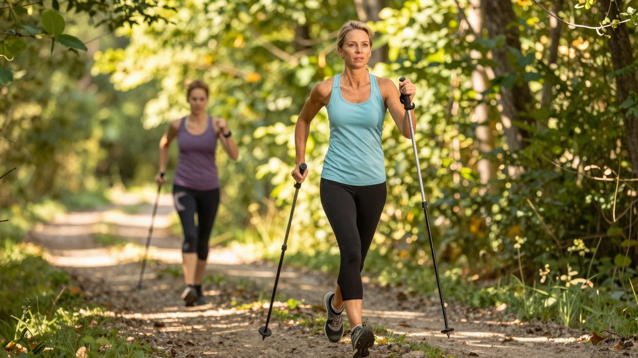 Duas mulheres praticando caminhada com bastões em trilha de área verde iluminada pelo sol.