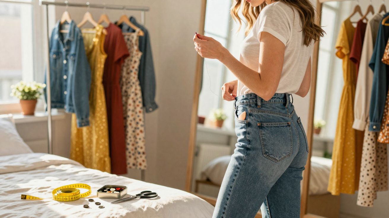 Mulher de camiseta branca e jeans ajustando roupa em quarto com vestidos pendurados e costura na cama.
