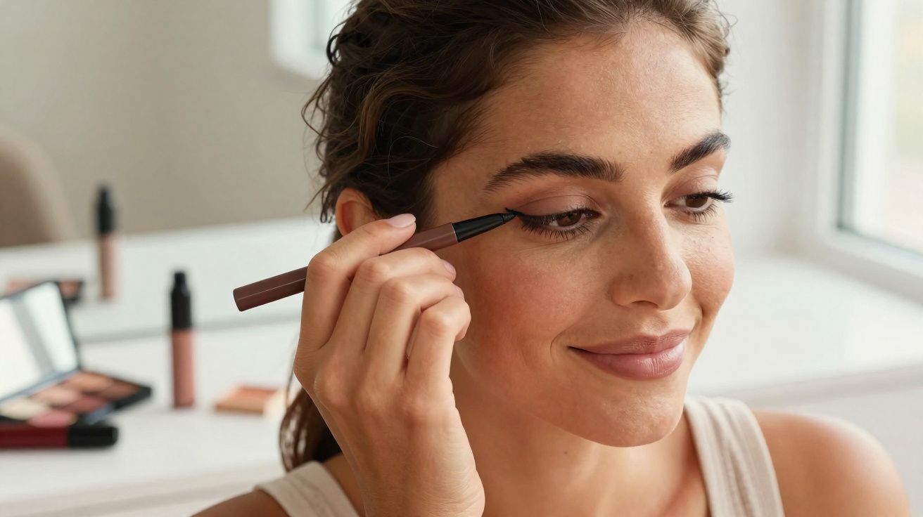 Mulher aplicando delineador marrom na pálpebra com produtos de maquiagem ao fundo.