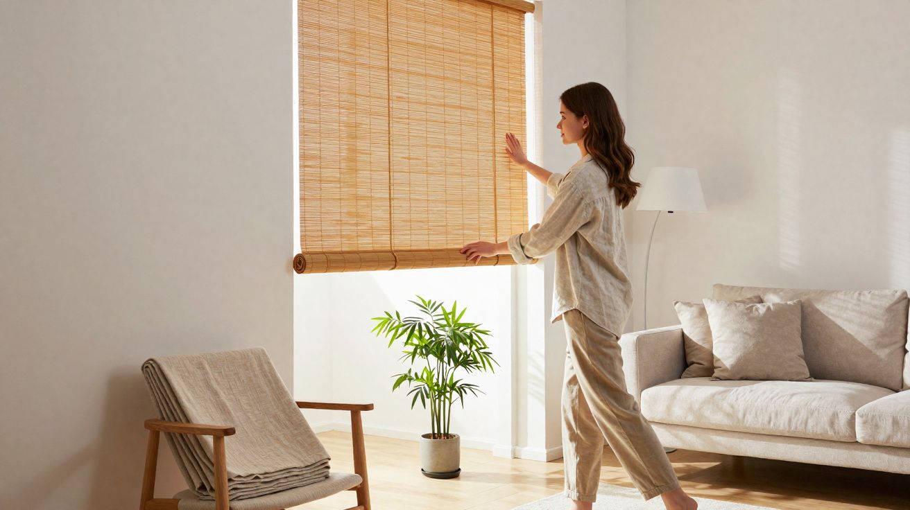 Mulher abrindo persiana de bambu em sala de estar iluminada e decorada com sofá, planta e poltrona.