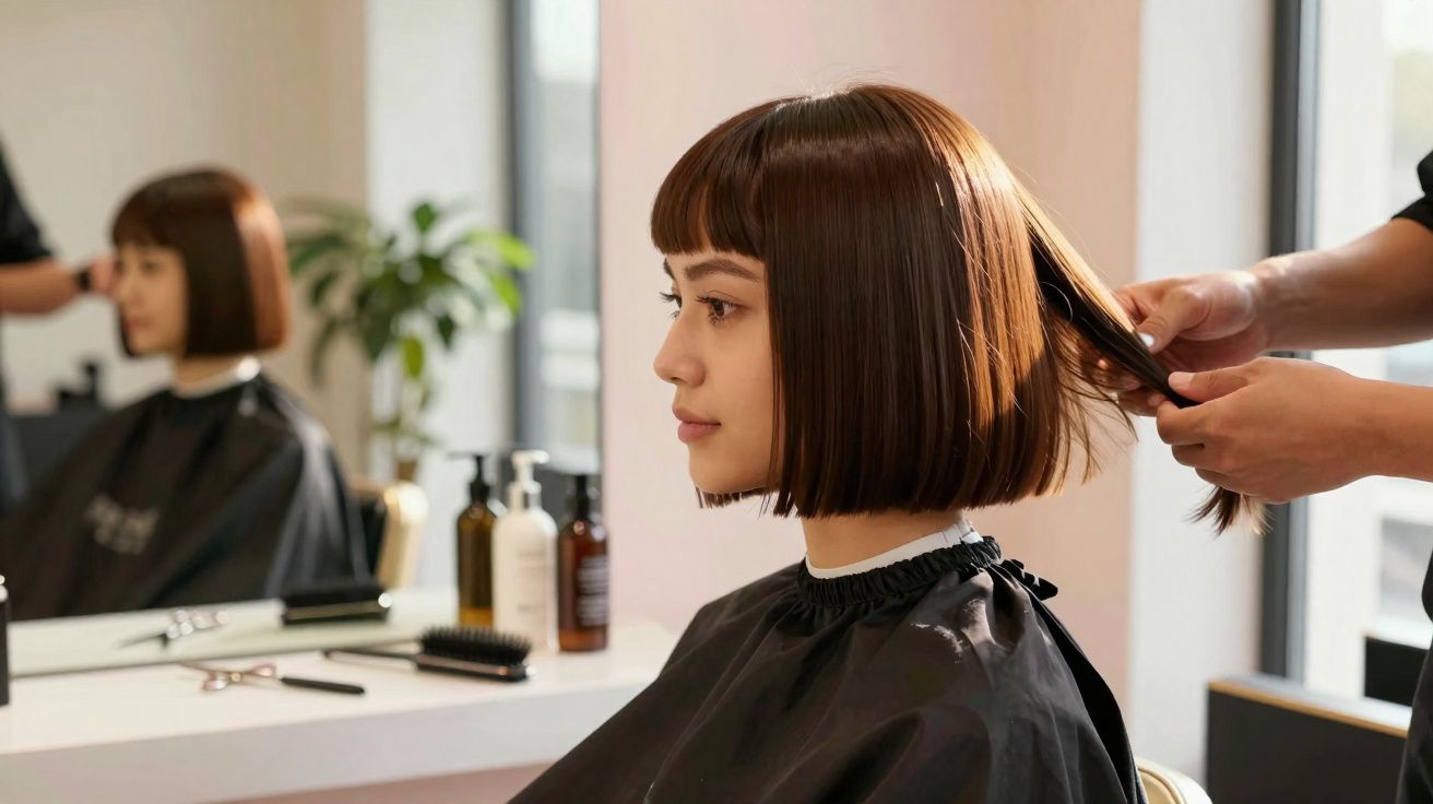 Mulher com cabelo curto e liso recebendo corte de cabelo em salão moderno com espelho e produtos.