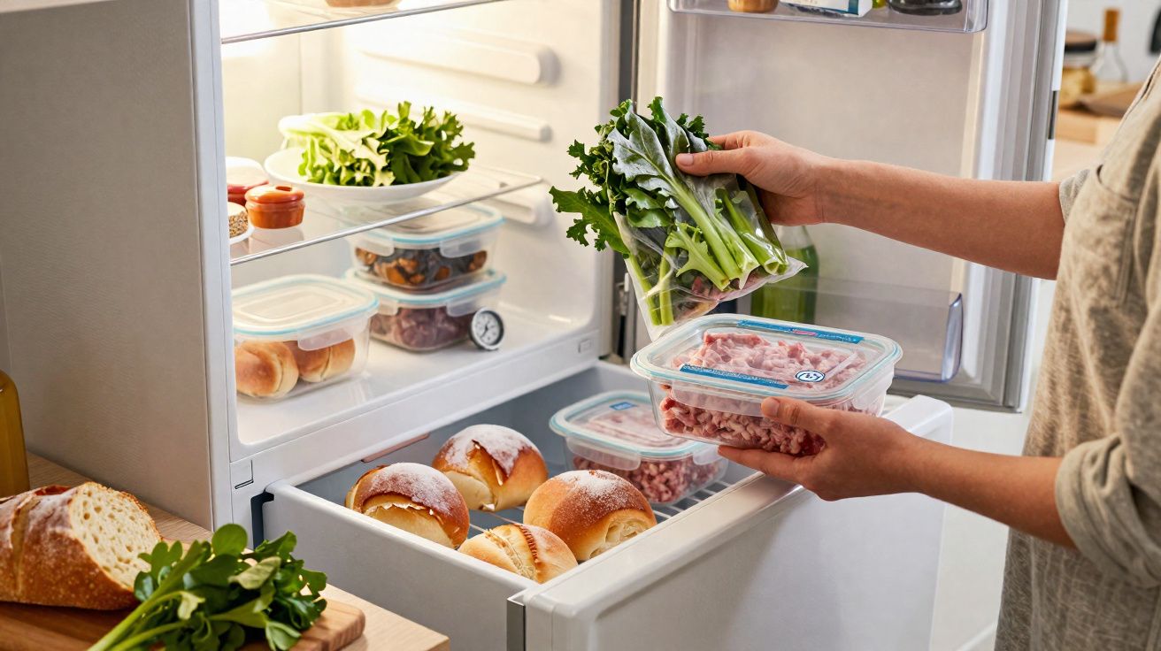Pessoa organizando vegetais e alimentos embalados em potes dentro da geladeira aberta.