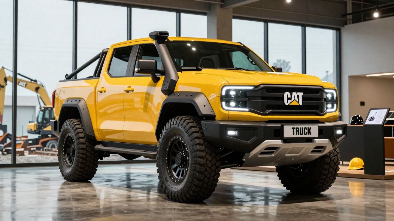 Picape amarela Caterpillar em exposição, com pneus grandes e snorkel, em ambiente interno moderno.