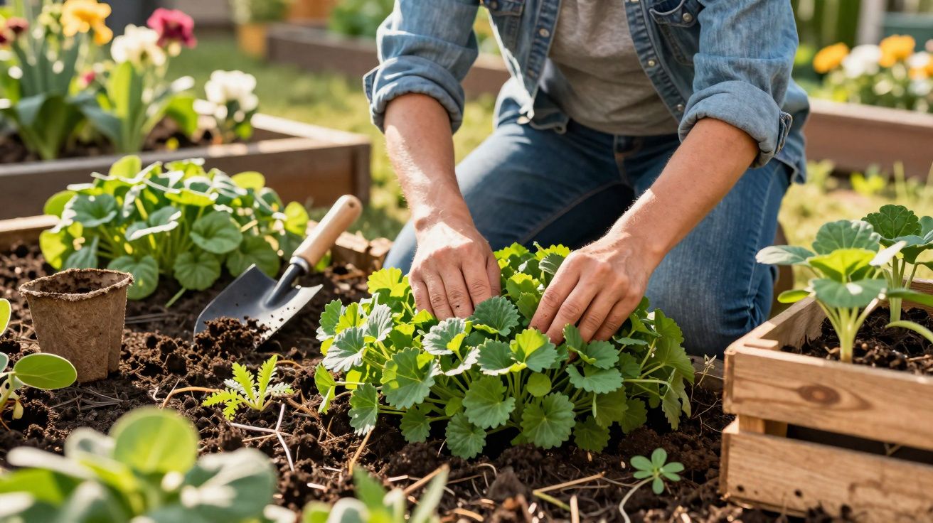 Pessoa cuidando de planta em jardim com luvas, pá e caixas de madeira ao redor em ambiente externo.