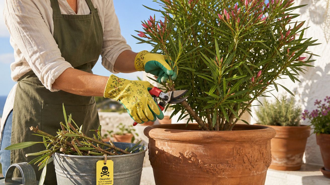 Pessoa podando planta em vaso de cerâmica usando luvas amarelas e tesoura de jardim em área externa ensolarada.