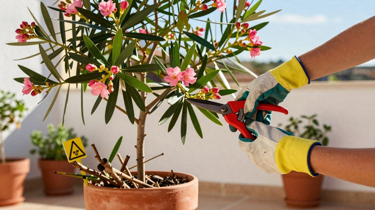 Pessoa podando arbusto florido com luvas e tesoura de jardim em vaso na varanda.