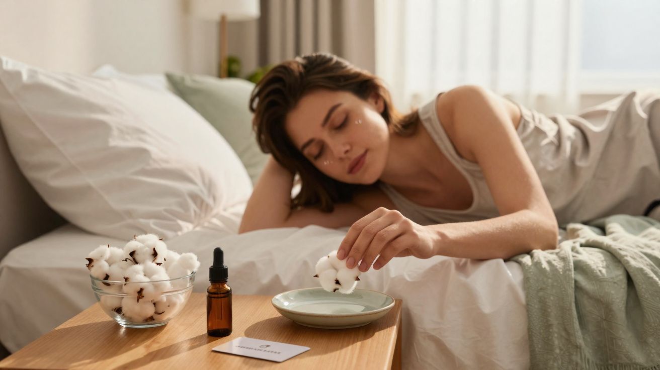 Mulher deitada na cama com olhos fechados, segurando algodão ao lado de frasco de óleo e tigela na mesa.