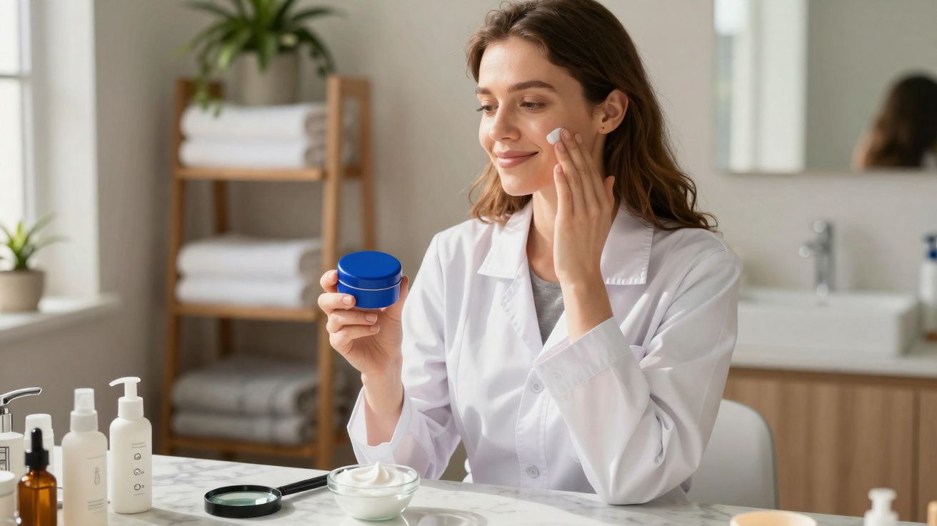 Mulher sorridente aplicando creme facial, usando jaleco branco, em ambiente clean com produtos sobre a mesa.