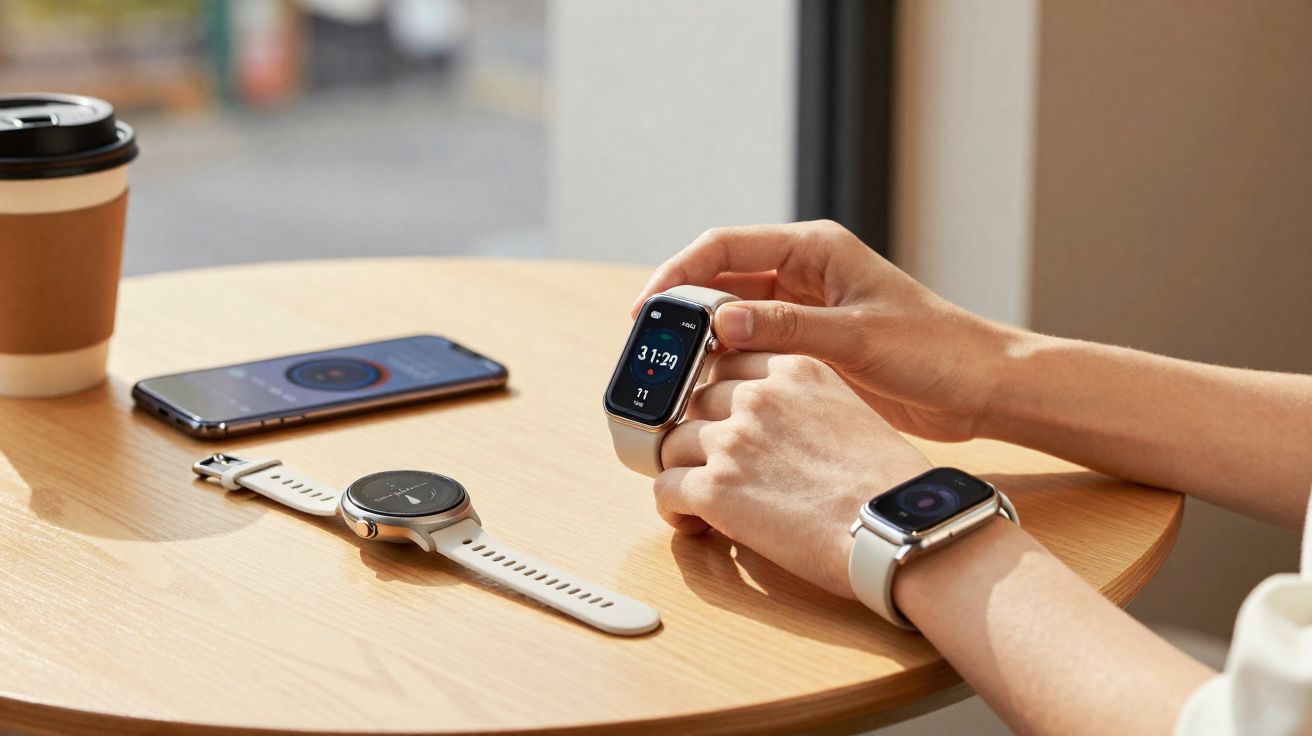 Pessoa segurando e ajustando um smartwatch, com outro relógio e celular em mesa de madeira clara.