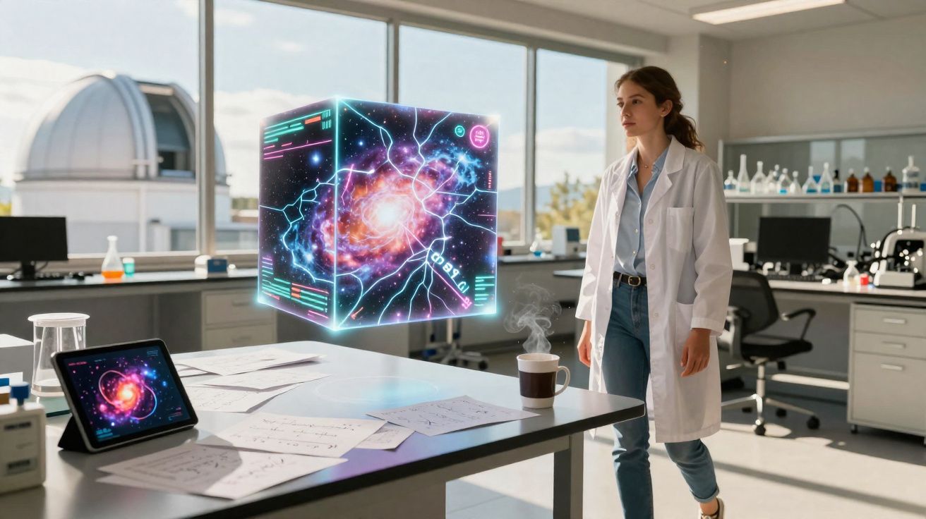 Cientista em laboratório observa holograma de galáxia e equações em mesa com tablet e xícara de café.