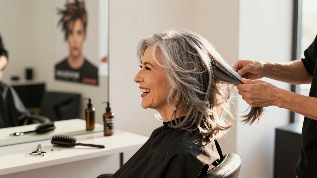 Mulher sorridente com cabelo grisalho sendo penteada por cabeleireiro em salão de beleza moderno.