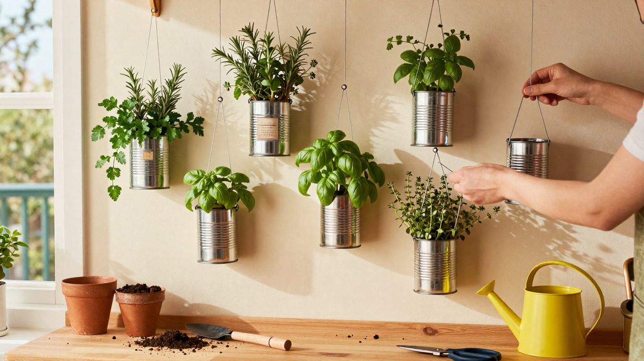 Mãos ajustando vasos de plantas suspensos feitos com latas recicladas em parede clara com regador amarelo.
