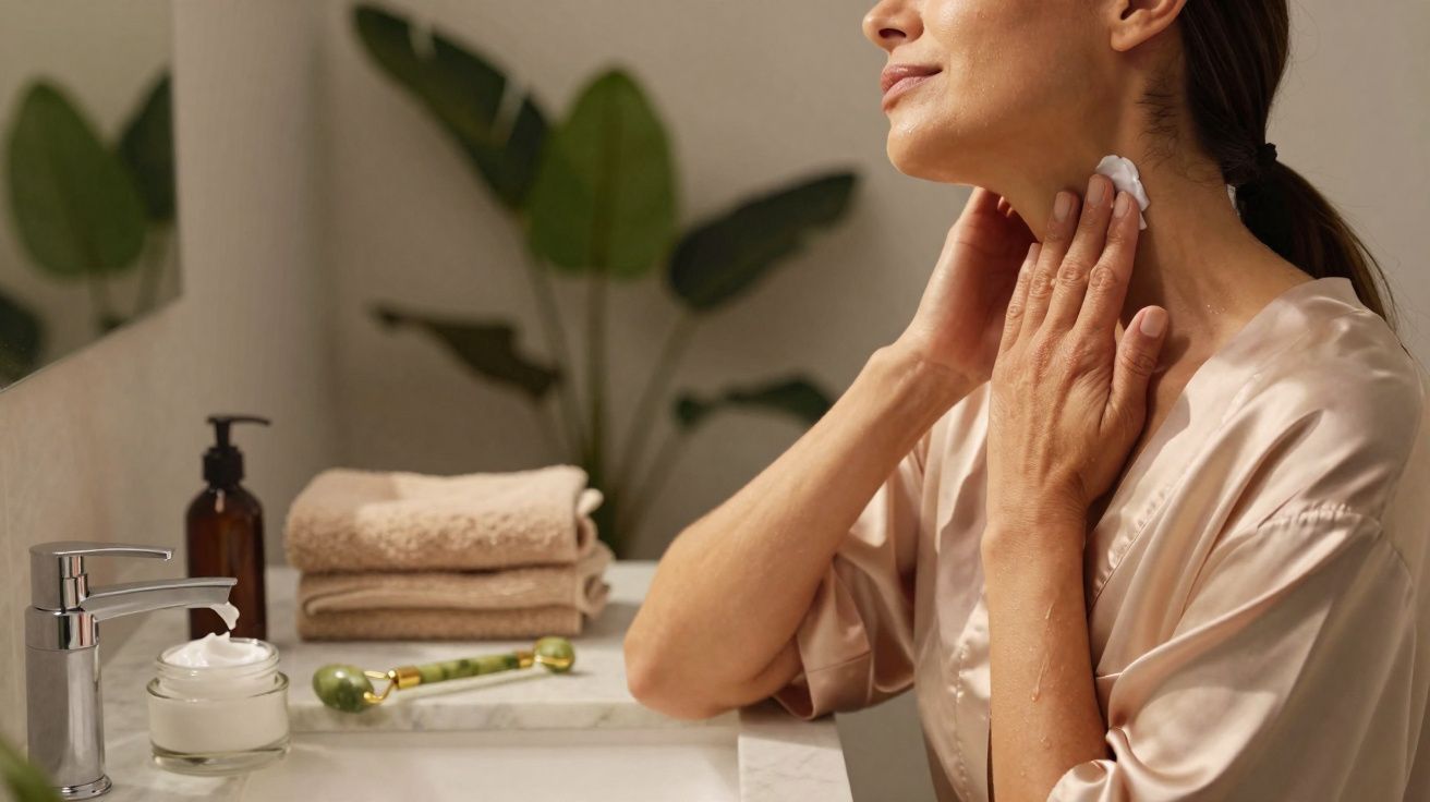 Mulher aplicando creme no pescoço em banheiro com toalhas e plantas ao fundo.