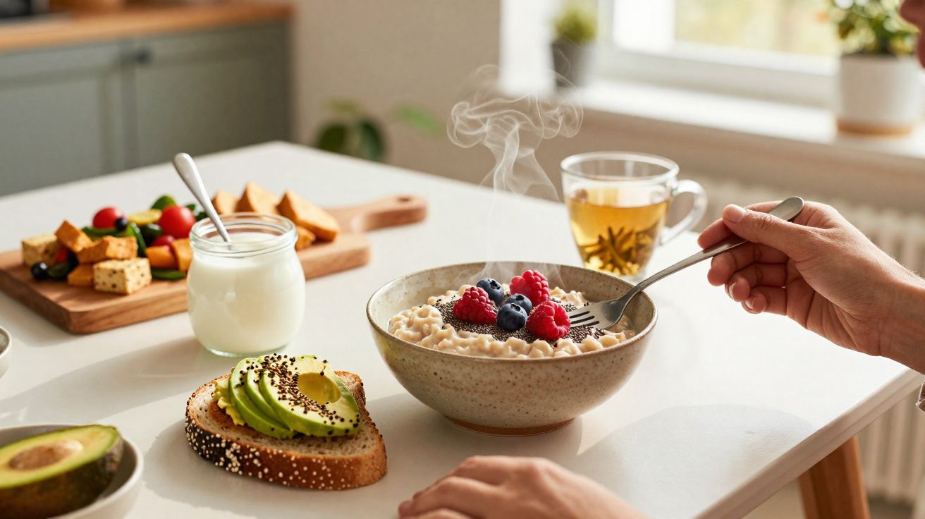 Pessoa comendo mingau com frutas vermelhas, torrada com abacate, iogurte e chá em uma mesa iluminada.