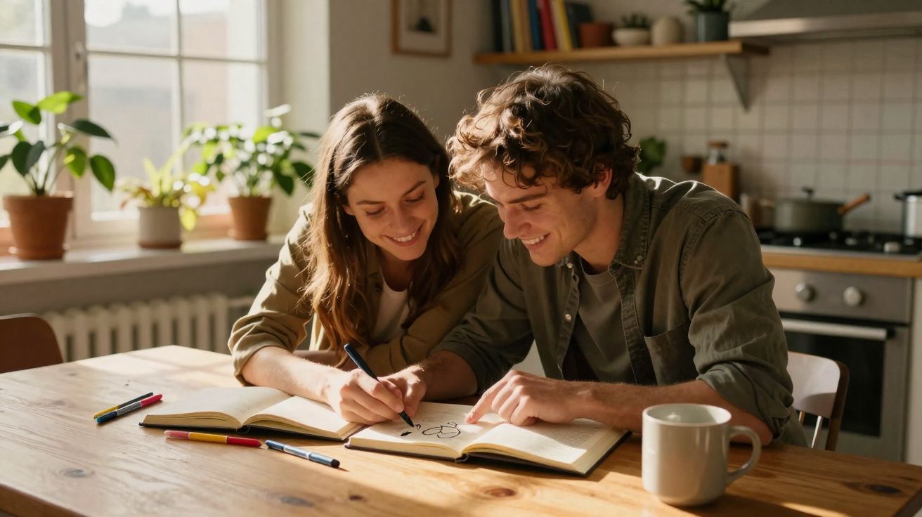 Casal jovem sorrindo enquanto desenha e escreve juntos em livros na mesa de madeira da cozinha.