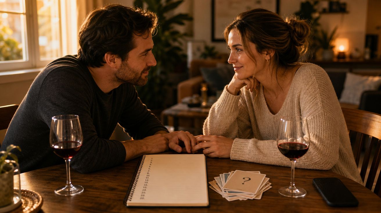 Casal conversando à mesa com cartas, caderno e taças de vinho em ambiente acolhedor e iluminado.