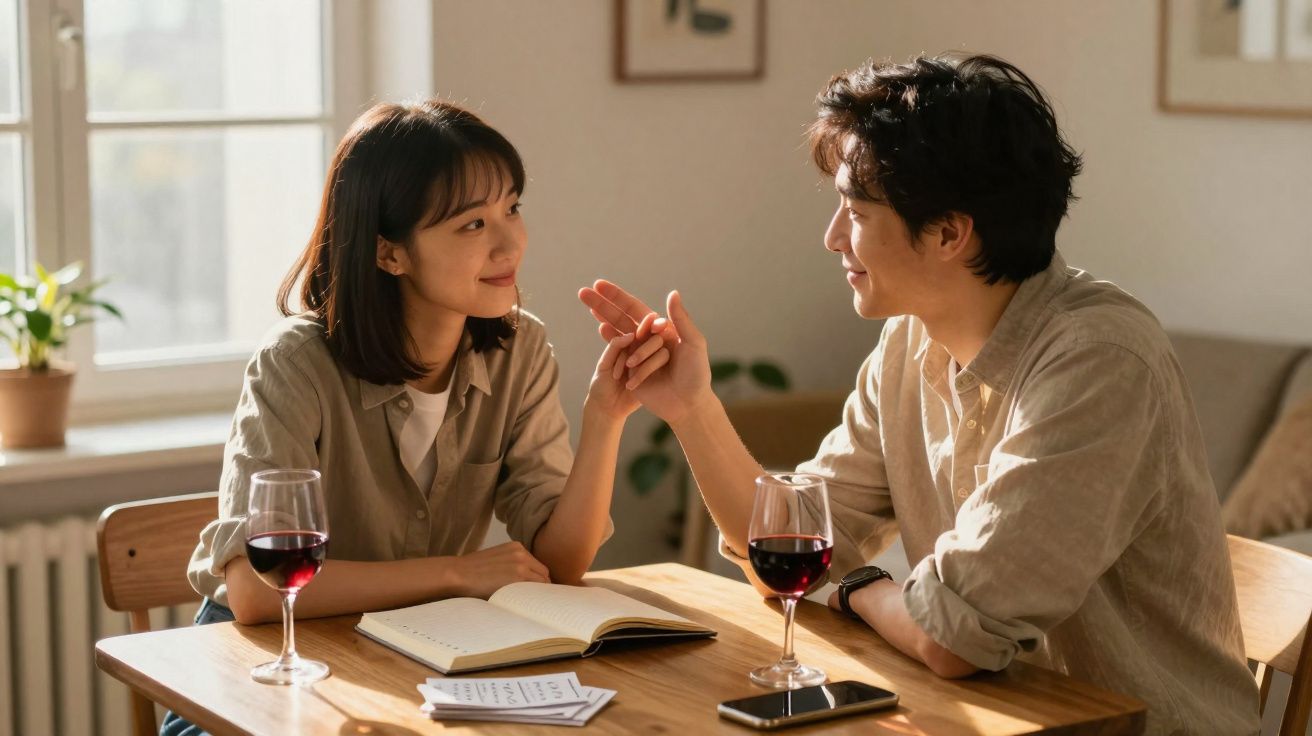 Casal jovem sentado à mesa, segurando as mãos e trocando olhares, com taças de vinho e livros.