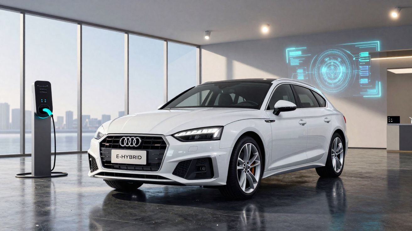 Carro branco Audi e-hybrid estacionado em ambiente moderno com estação de recarga elétrica.