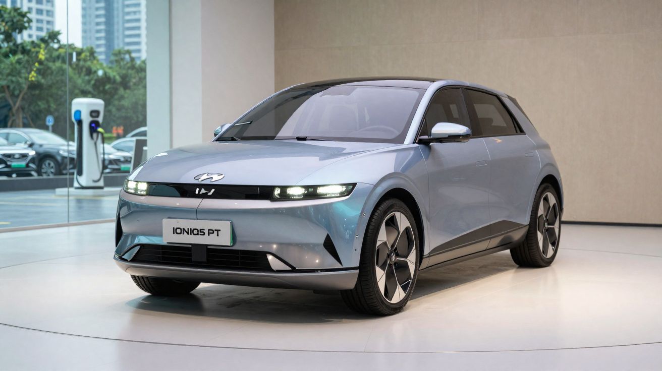 Carro elétrico Hyundai Ioniq 5 PT cinza exibido em exposição interna moderna com estação de recarga ao fundo.