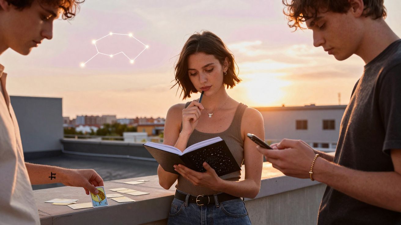 Três jovens em um terraço ao pôr do sol, dois deles com cartas e uma com caderno, sob constelação ilustrada.