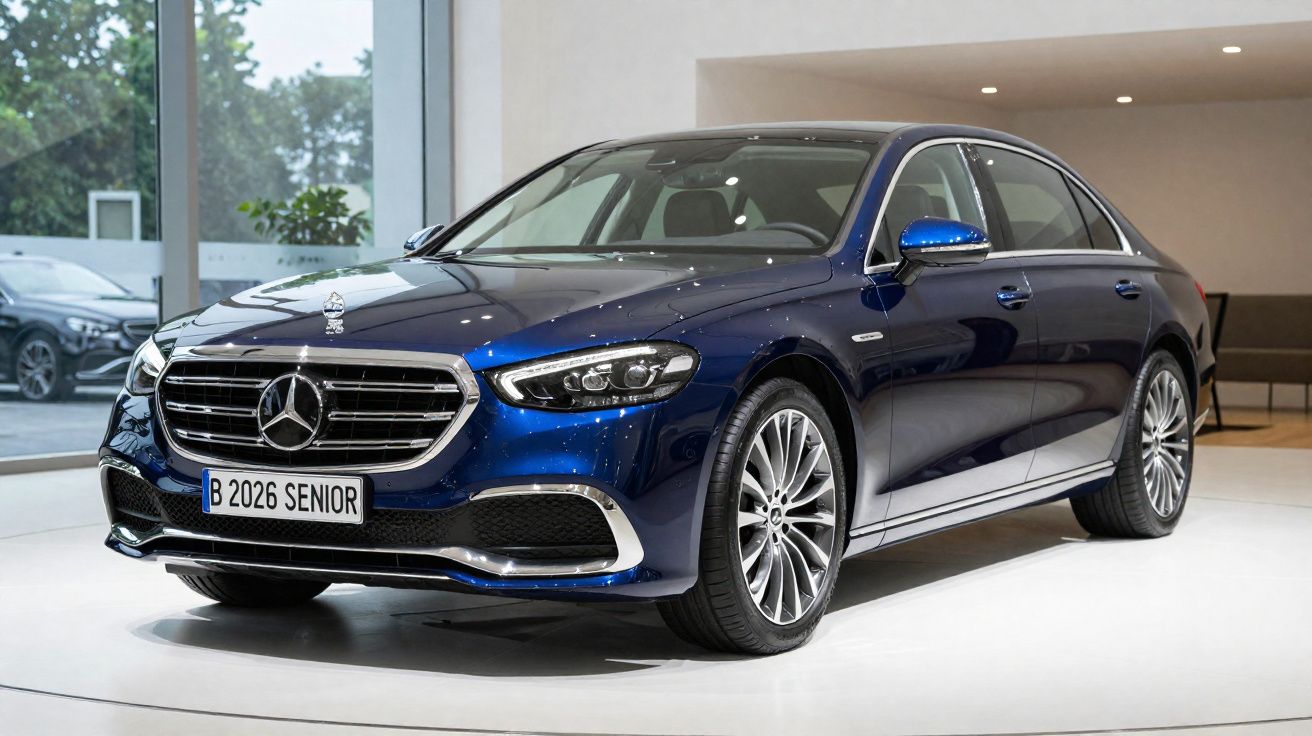 Carro sedan Mercedes-Benz azul escuro exposto em ambiente interno moderno e iluminado.