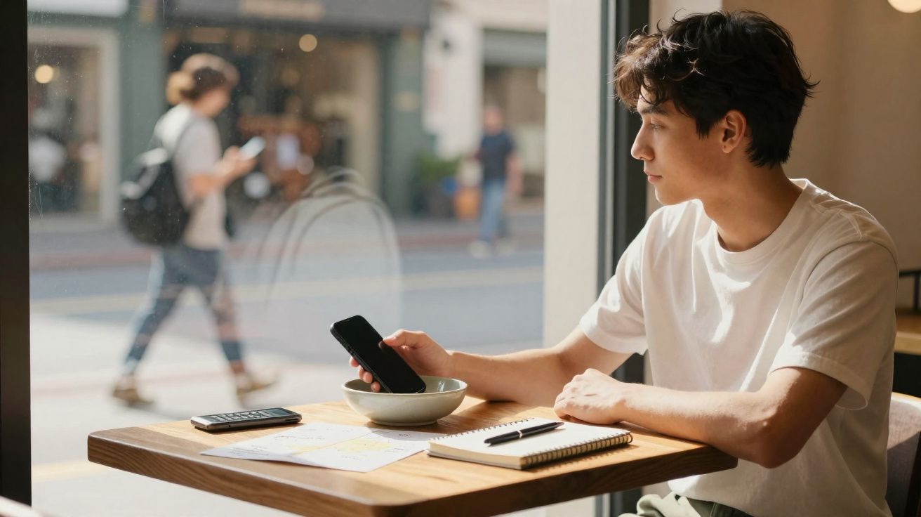 Jovem sentado em mesa de café olhando o celular, com caderno e outra tela ao seu lado.